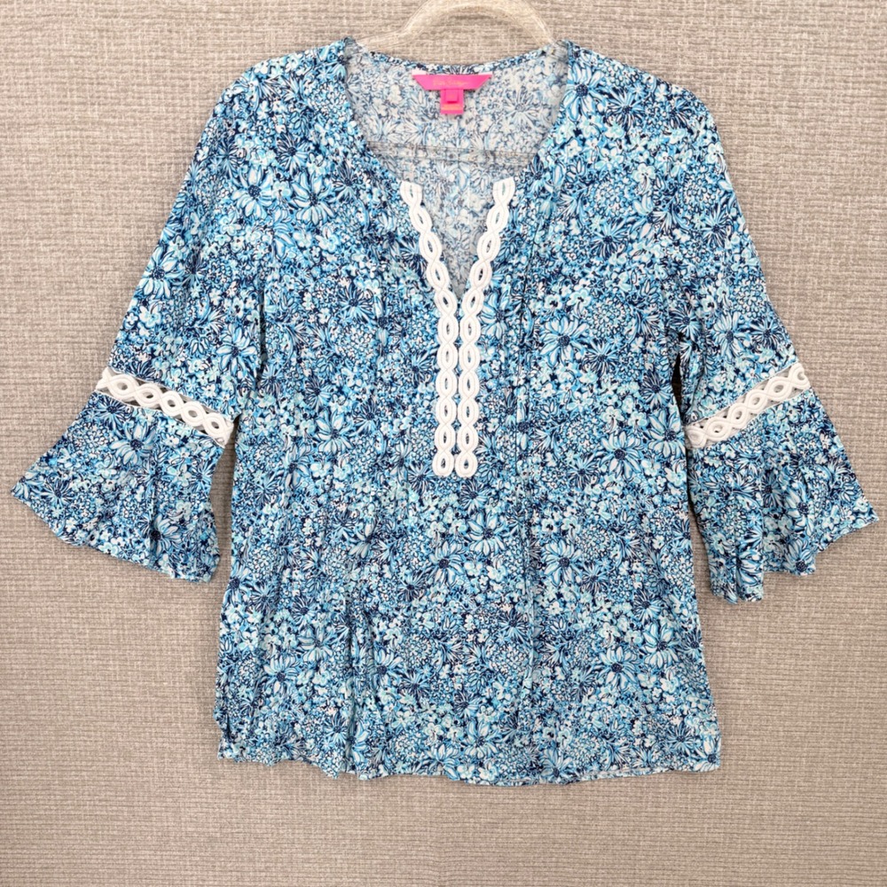 LILLY PULITZER Sz XS Hollie Tunic Blue Bell Sleeve Beach Tropical Floral‎ V Neck